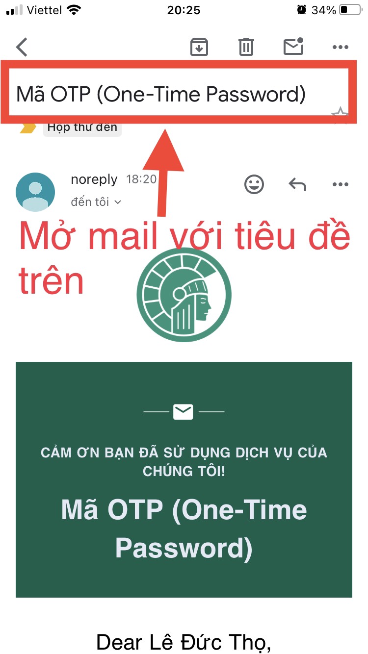 Mở mail với tiêu đề Mã OTP (One-Time Password)