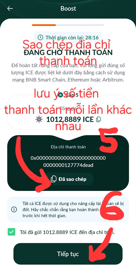 Sao chép địa chỉ thanh toán & lưu ý số tiền