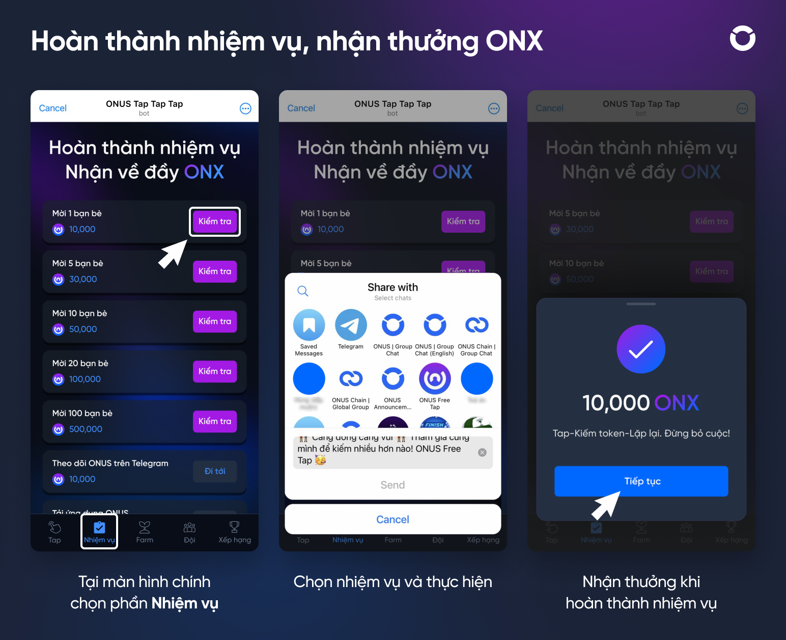 Hoàn thành nhiệm vụ nhận thưởng onx